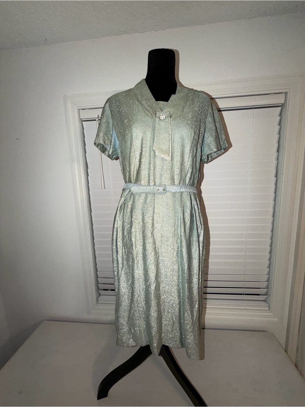 VTG puritan forever young 1960’s Fit and Flare Dress Lt Blue green Zip,Belt sz L